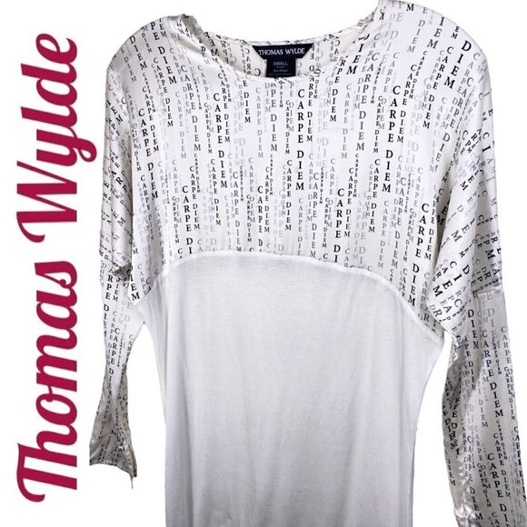 THOMAS WYLDE Carpe Diem Graphic Bateau Neckline Long Sleeve White Mini Dress, S - Picture 3 of 15